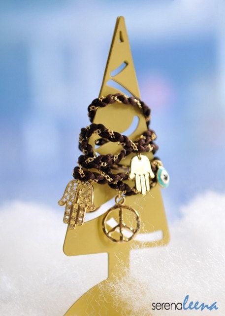 Lucky Evil Eye Hamsa Hand Charm Bracelet or Necklace - Brown