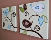 Baby Bird Nursery Art for Boys, Large set of of two 20x20" Original Paintings, Made to Order