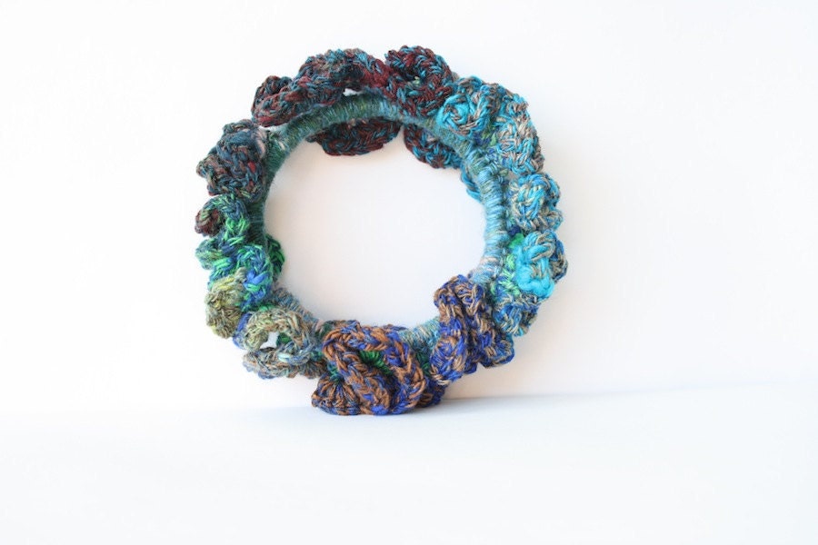 Bracelet, Hyperbolic Crochet Bangle, Turquoise  Blue, Wearable Art, FIber Art - HappyFortune