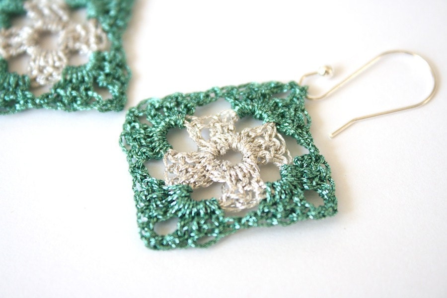 Earrings, Silver Green, Crochet Jewelry, Metallic Thread, Modern Crochet, Granny Square - HappyFortune