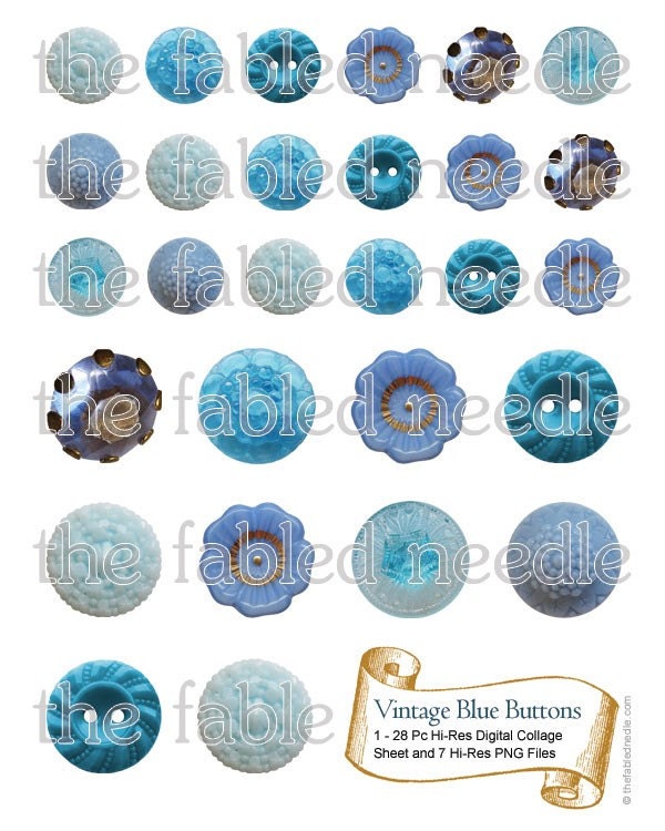 Vintage Blue Buttons Digital Collage Kit
