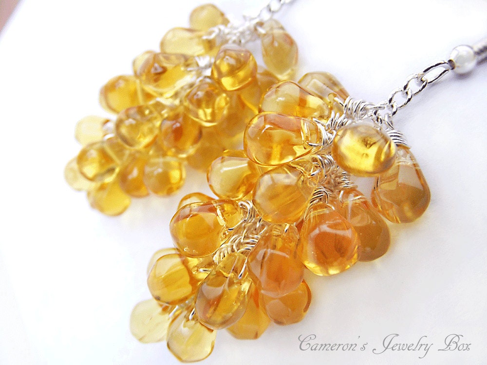 Gold Topaz Earrings, Beaded Cluster Earrings, Silver Dangle Earrings, Yellow Earrings, Yellow Jewelry, November Birthstone