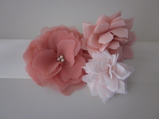 Handmade Bridal Sash with Three Pink and Peach Chiffon Flowers