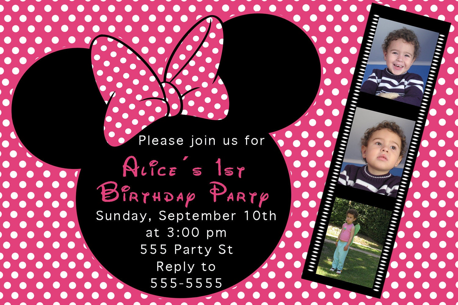 Personalized Minnie Mouse Birthday Party Photo Invitations Hot Pink Polka Dot Printable or Printed  - thank you card tags &more 1st 2nd