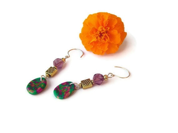 Purple and green earrings. polymer clay earrings. sterling silver crystal beaded earrings