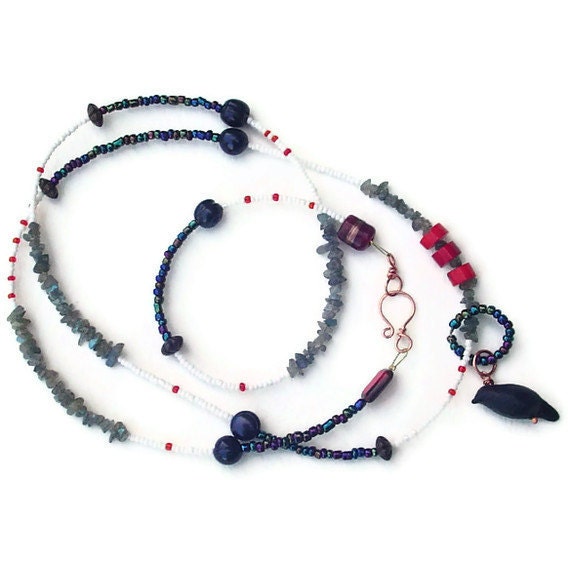 Black raven necklace. black crow pendant necklace. seed beaded necklace. long necklace
