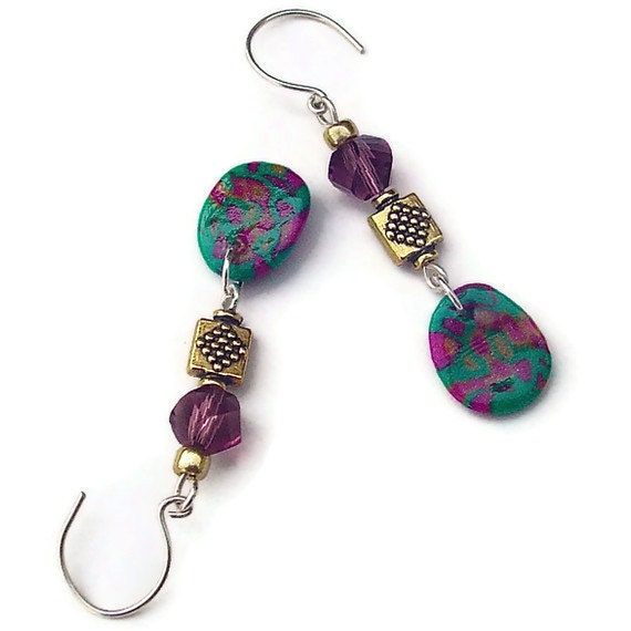 Purple and green earrings. polymer clay earrings. sterling silver crystal beaded earrings