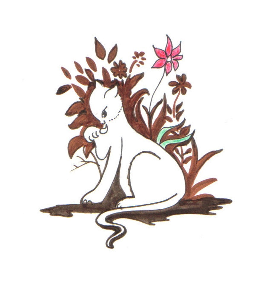 Original drawing, ACEO,lucky cat, cat and flowers, tan white black, original art, cat art, line drawing,sketch, ink drawing, art
