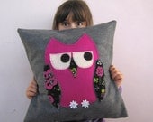 Childrens Owl Throw Pillow: hot pink owl applique on grey, eco friendly  nursery decor - EarthLab