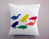 Kid's dinosaur pillow - rainbow dinos, colorful eco felt appliques on white eco friendly organic cotton pillow cushion