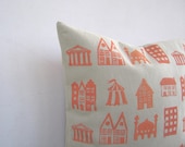 Printed throw pillow: hand printed little houses in tangerine orange on sandy beige cotton pillow cushion cover - EarthLab