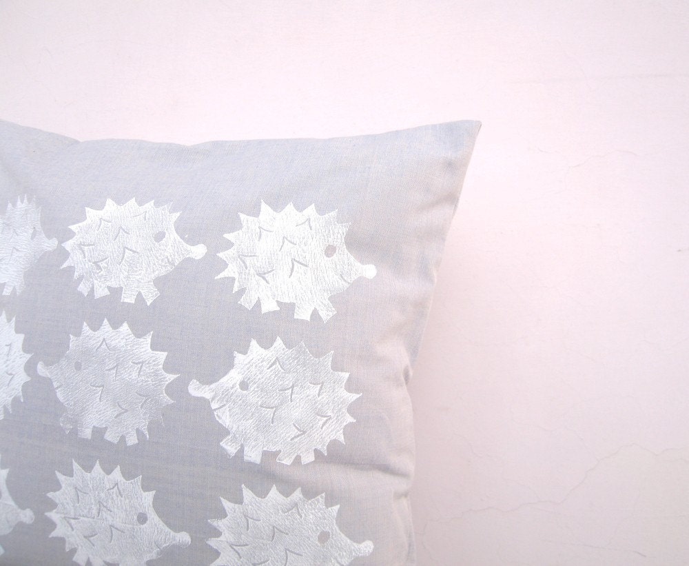 Woodland decorative pillow, hedgehogs white on powder blue - eco friendly cotton, nursery decor cushion cover