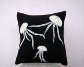 Throw Pillow: black and white jellyfish in recycled felt, eco friendly beach house pillow
