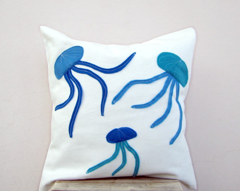 Jellyfish pillow cover: blue and turquoise felt applique on white organic cotton, beach decor pillow
