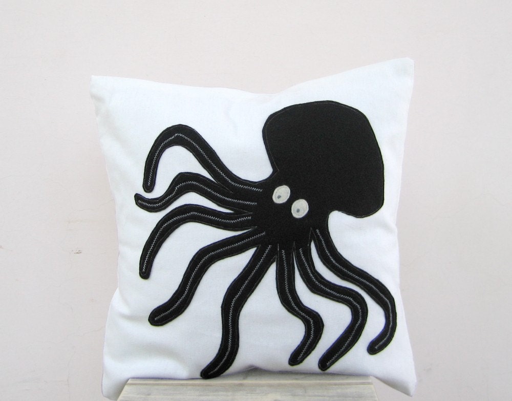 Octopus Throw Pillow: black eco felt applique on white cotton pillow cushion cover, nautical pillow