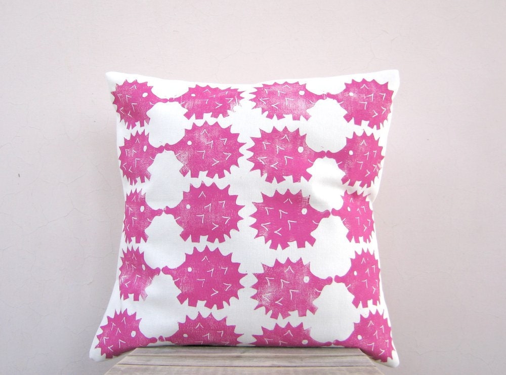 Pink decorative pillow - hedgehog print in raspberry hot pink, eco friendly  kids or nursery pillow