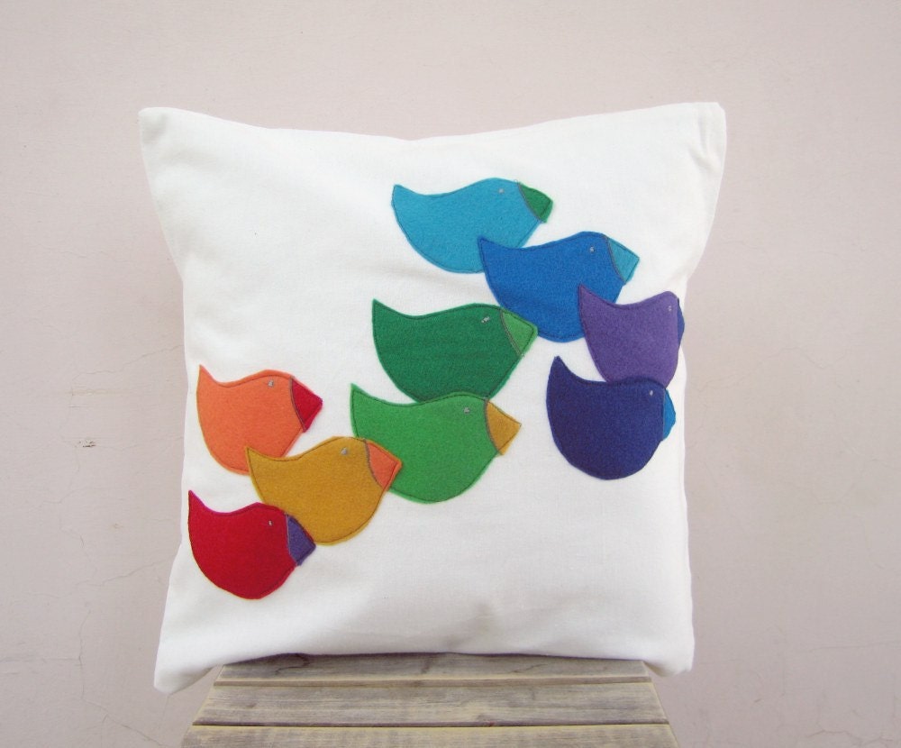 Colorful modern pillow: rainbow bird eco felt appliques on white cotton