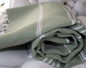 High Quality Hand Woven Turkish Cotton Bath,Beach,Pool,Spa,Yoga,Travel Towel or Sarong-White Stripes on Olive Green