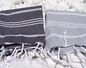 Turkishtowel- Set of 2-High Quality,Pure Cotton,Hand,Hair,Head,Tea,Dish,Baby Towel or Unisex Neck Warmer-White Stripes on Grey and Black
