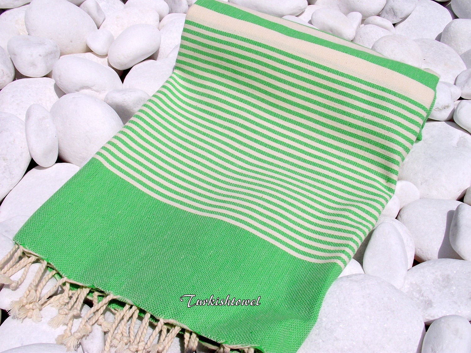 Turkishtowel-High Quality Hand Woven Turkish Cotton Bath,Beach,Pool,Spa,Yoga Towel or Sarong-Natural Cream Stripes on Grass Green