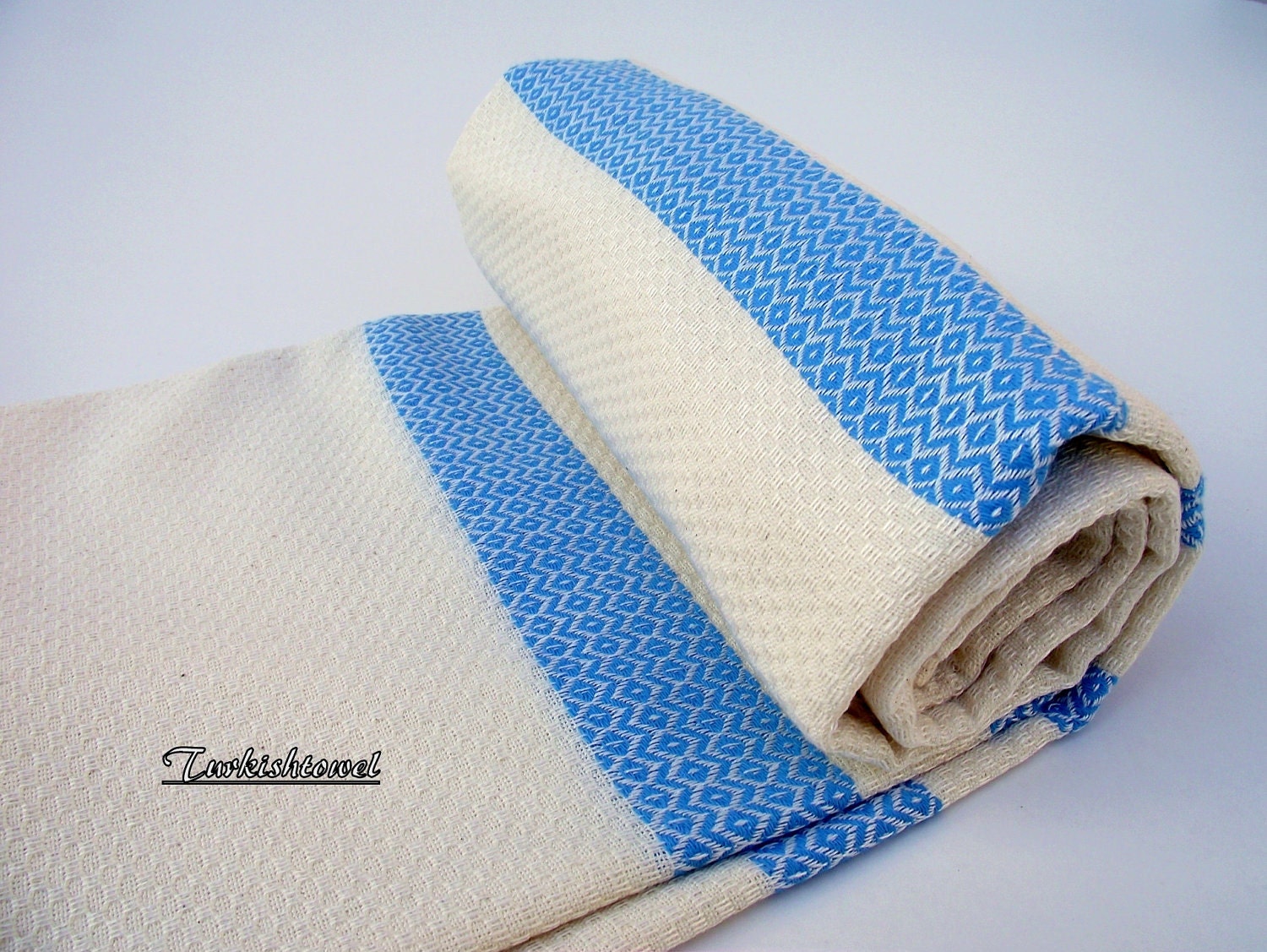 High Quality Hand Woven Turkish Cotton Bath,Beach,Pool,Spa,Yoga,Travel Towel or Sarong-Mathing Natural Cream and Turquoise