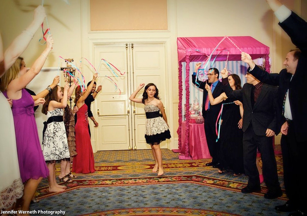 100 Magical Ribbon Wands IN YOUR COLORS (shown in turquoise and hot pink) For birthday streamers and bat mitzvahs