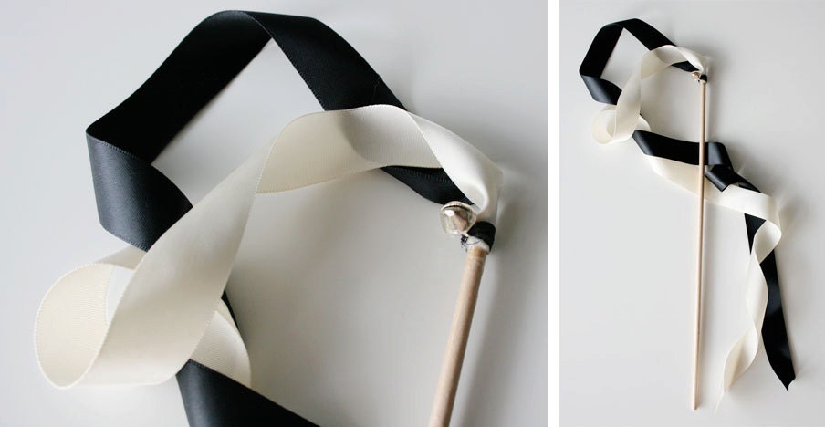 50 Magical Wedding Ribbon Wands in YOUR COLORS with BELLS (shown in black and white with silver bells) Colorful wedding ceremony exit idea