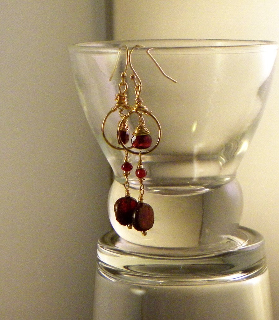 Dangly Gold and Garnet Earrings