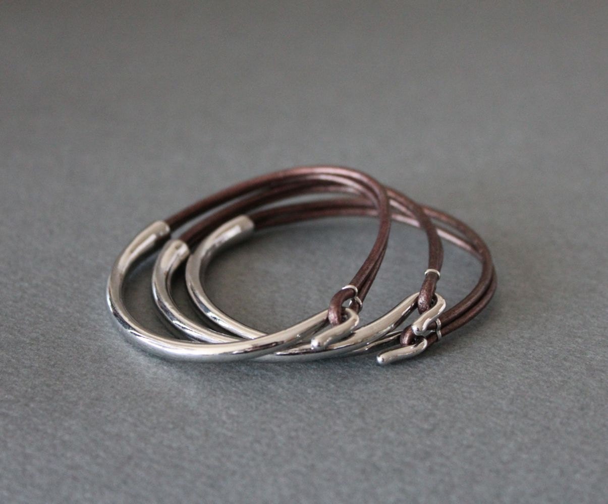 Rodium Silver Plated Leather Bracelet(Set of 3, Pearl Drak Brown)