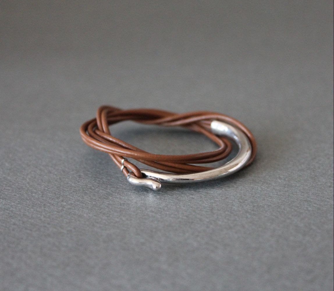 Leather Wrap Bracelet with Silver Metal Ornament(Brown)