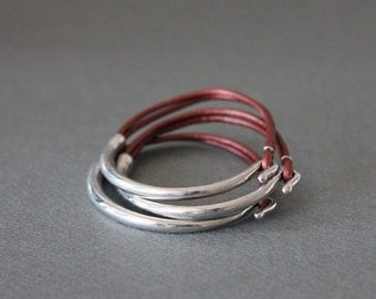 Rodium Silver Plated Leather Bracelet(Set of 3, PEARL BURGANDY)