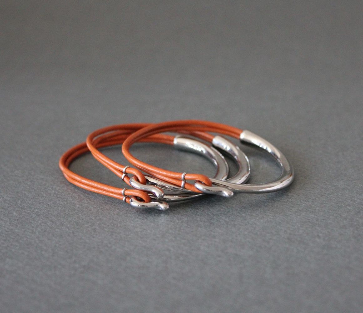 Rodium Silver Plated Leather Bracelet(Set of 3, Orange)