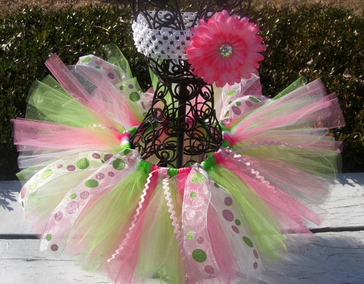 Baby TUTU Flower Headband - Newborn - 2T - Pink Green White for 1st Birthday and Birth Announcement