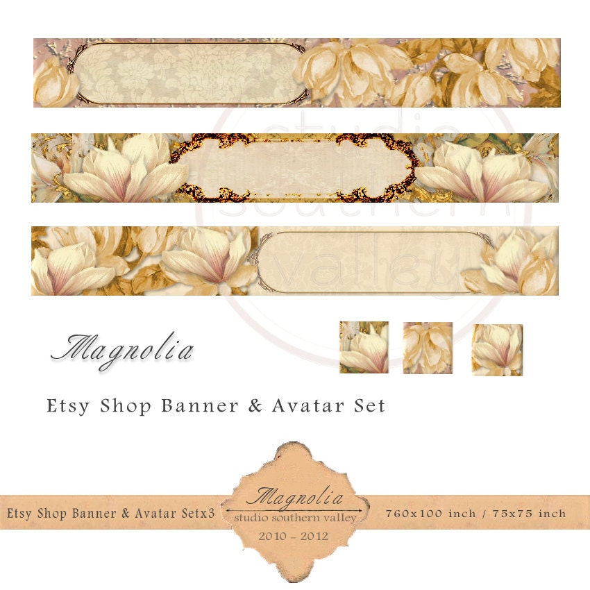 MAGNOLIA - Etsy Shop Banner & Avatar Set x3 for Your Etsy Shop 760x110 inch / 75x75 inch