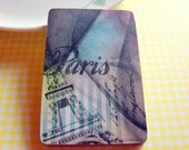 Large Wood Pin Brooch - Paris- Eiffel Tower on Blue Stripes - Decoupage Collage Victorian Romantic France