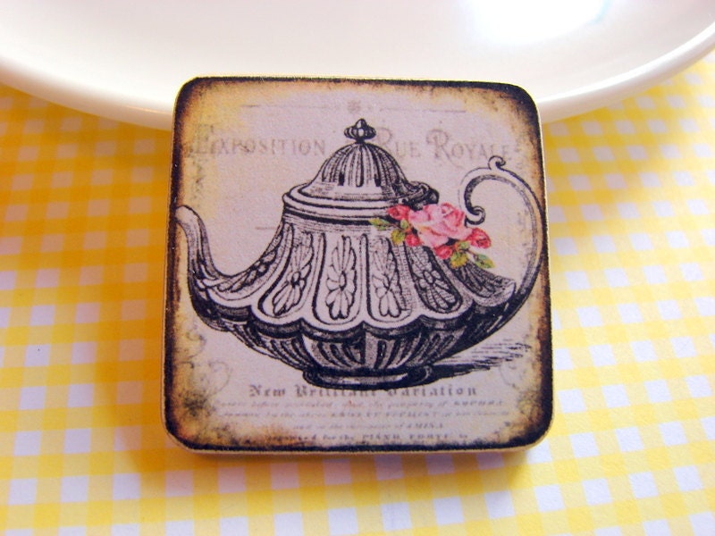 Little Wood Pin Brooch - Silver Teapot and Pink Roses - Decoupage Collage Victorian Vintage Tea Party Shabby