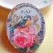 Large Oval Wood Pin Brooch - Yellow and Blue Bird on a Pink Rose - Decoupage Collage Victorian Nature Garden Floral Flower
