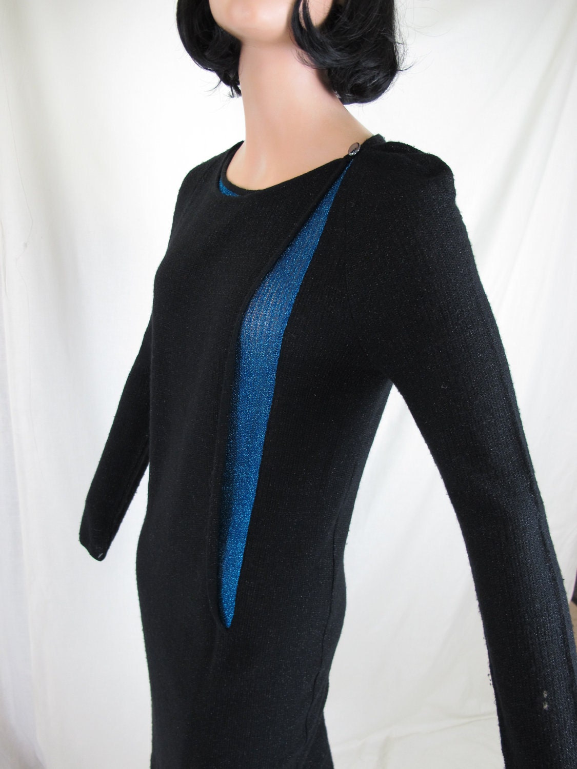 1980s Vintage CHLOE Black and Blue Sweater Dress, Designer Dress