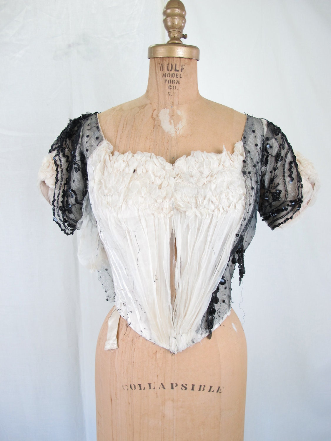 Victorian 1880's Black and White Silk and Sequin Top Bustle Gothic Boned Corset Interior Costume as is