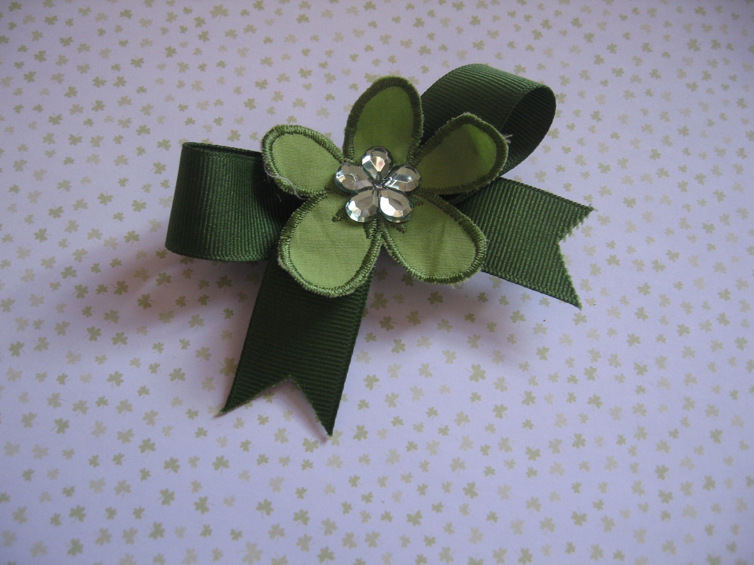 Green Ribbon and Flower Hair Clip