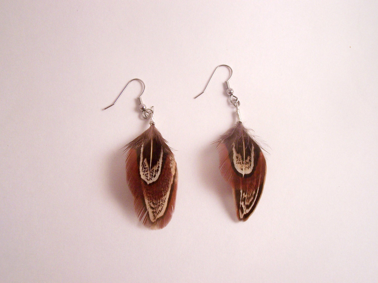 Feather earrings Chocolate Almond Double Ringneck feathers with Rust and Copper