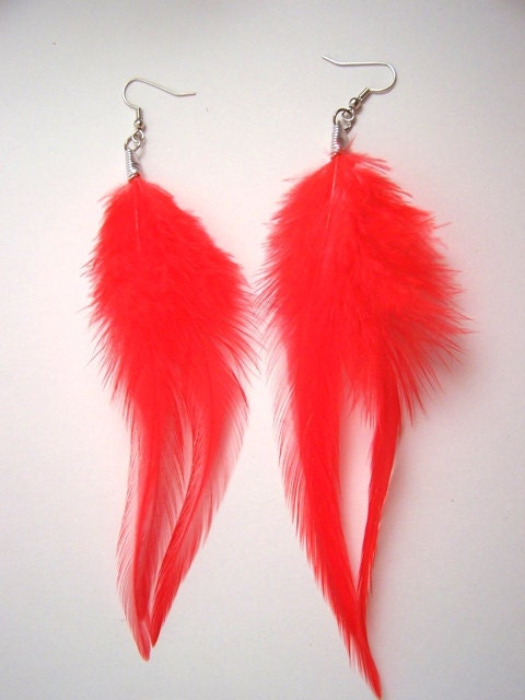 Feather Earrings Long Cherry Red Rooster Earrings