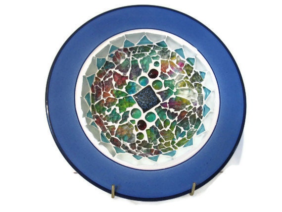 Ceramic Plate Mosaic Blue wall Art hanging Home Decoration easel glass decoupage