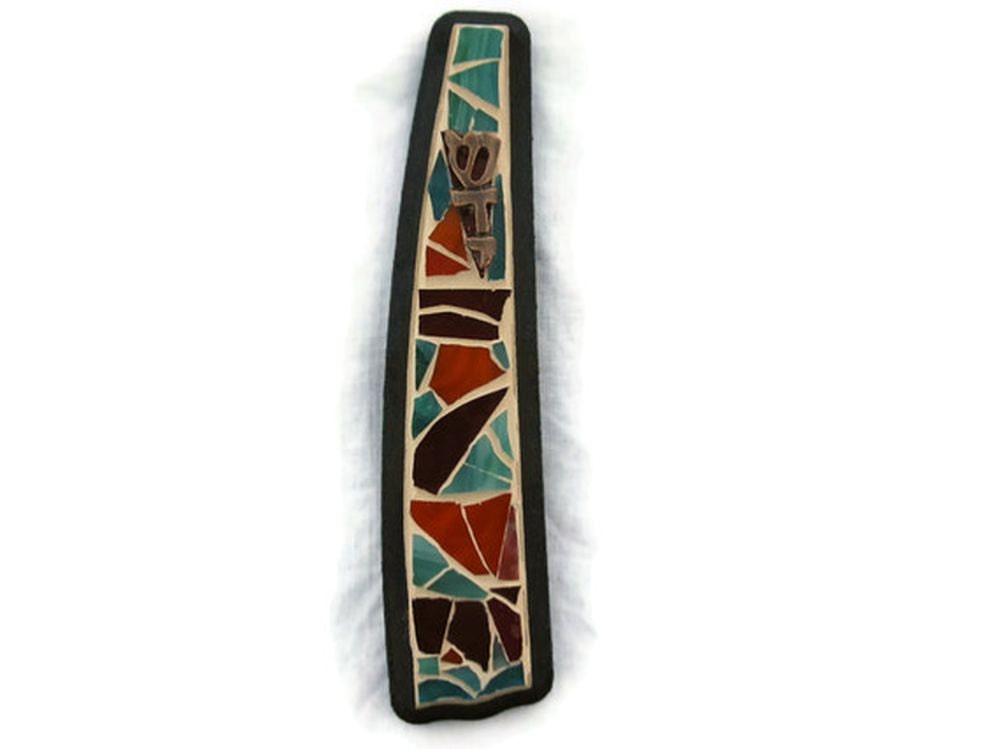 Mezuzah case scroll Stained Glass Mosaic Art Teal Orange Purple