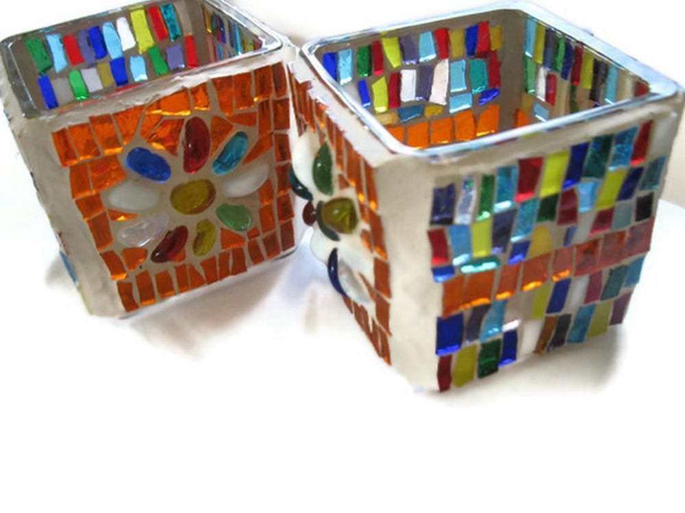 Colorful Candle holders Glass Mosaic Pair FREE SHIPMENT Orange Blue white Yellow Green Red