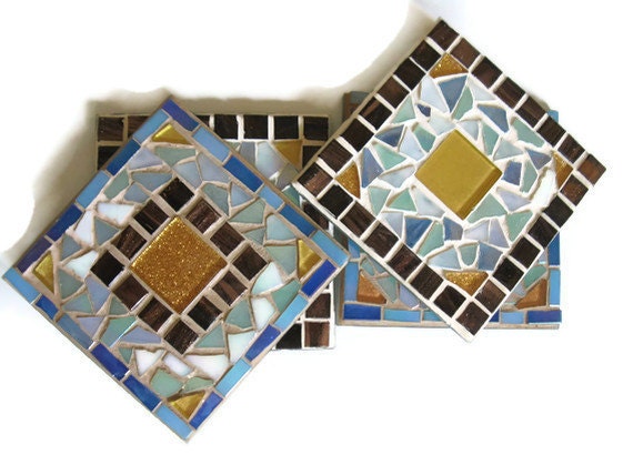 Mosaic Coasters Blue Brown Gold Tile Iridescent Glass set of four Kitchen Home Decoration