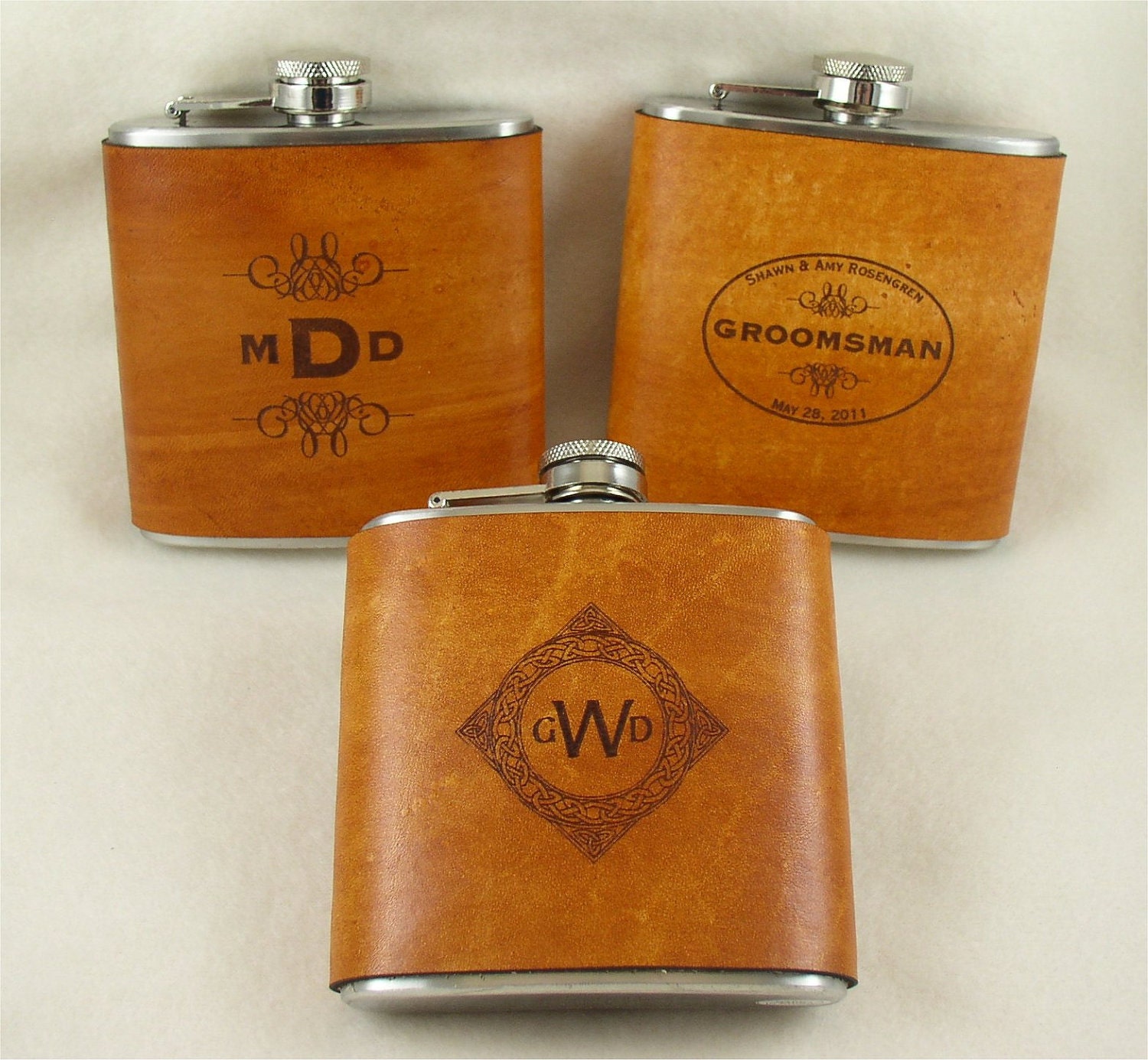Groomsmen Flasks with Hand Dyed Engraved Leather Wrap - set of 8
