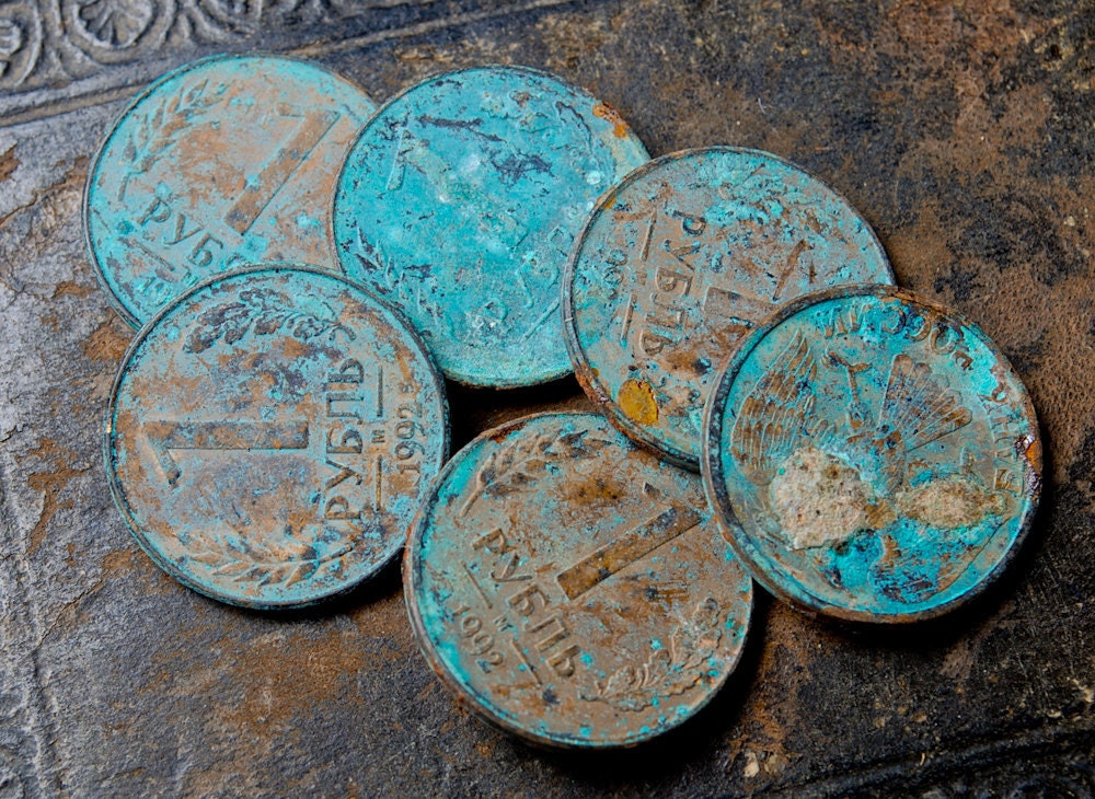 Lot of 6 Russian rubles metal coins, blue patina