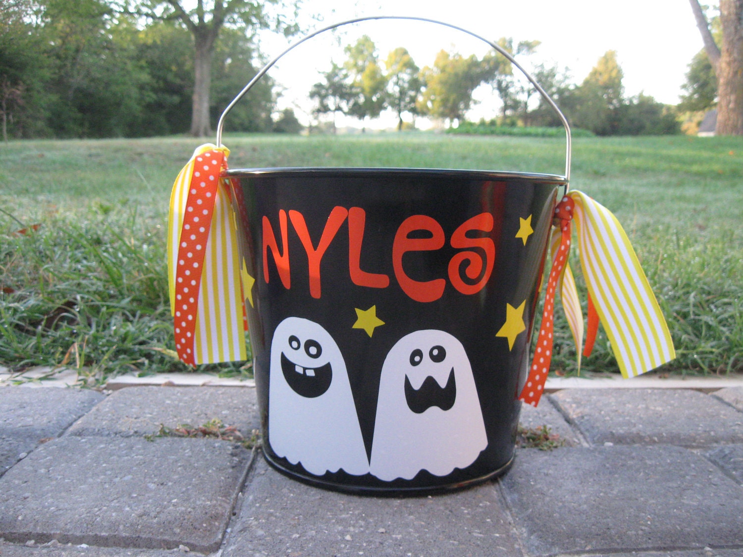 Halloween bucket: Personalized halloween trick or treat metal bucket, 5 quart, black with ghosts, other colors and designs available