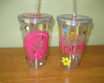 Personalized acrylic tumbler 16 oz w/ lid and straw - name or monogram, polka dots & flowers - Great teacher or birthday gift